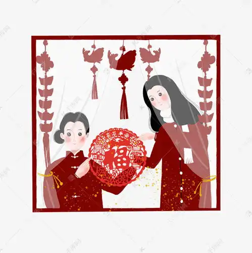 春节红色系母女剪窗花贴窗花锦鲤金元宝卡通手绘素材图片免费下载千库网