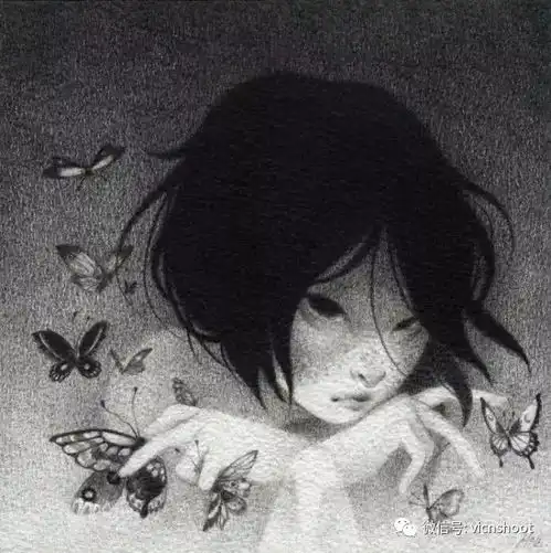 黑白插画治愈系的美少女