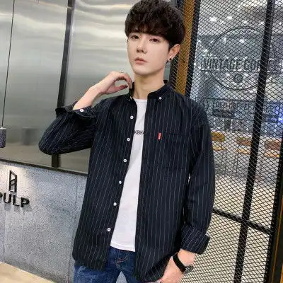 s99潮神春秋季新款长袖条纹衬衫男装日系衬衣外套一件代发