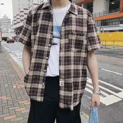 2019夏款日系时尚格子潮男士短袖衬衫港风宽松休闲衬衣男
