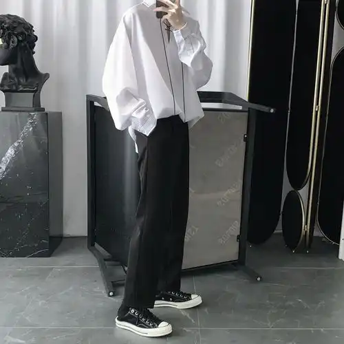 春秋新款暗黑禁欲系气质明线设计感衬衫男韩版抽绳绑带套头衬衣男